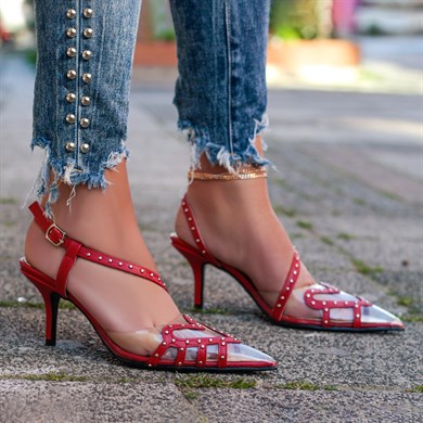 Heart Şeffaf Kırmızı Deri İşlemeli Trok Detaylı Stiletto Sandalet 